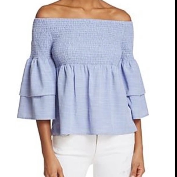 Honey Punch Tops - HONEY PUNCH SMOCKED OFF-THE-SHOULDER BELL SLEEVE TOP IN BLUE Size:Small